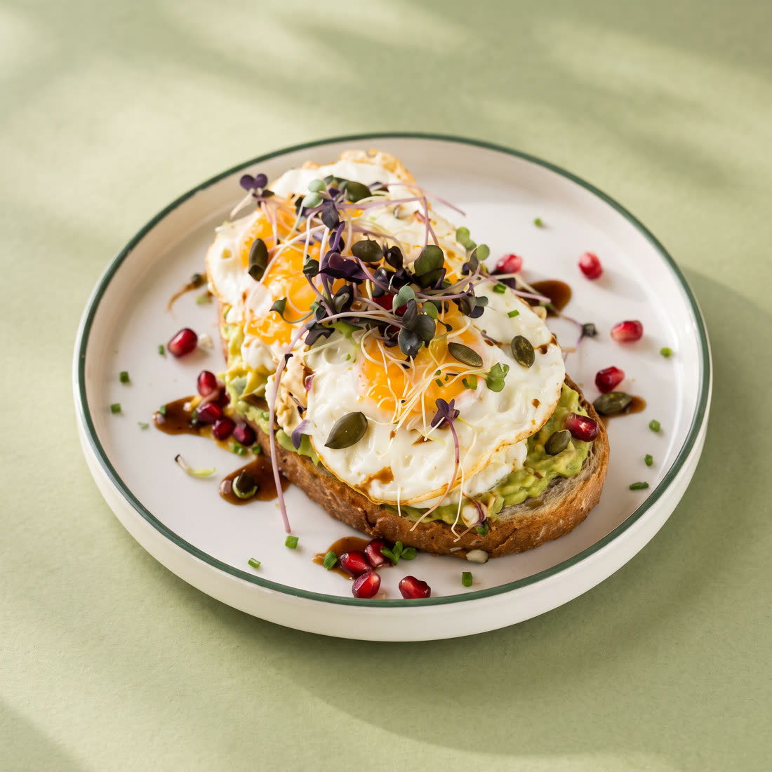 Bread mit pochiertem Ei, Kürbiskernen und Granatapfel